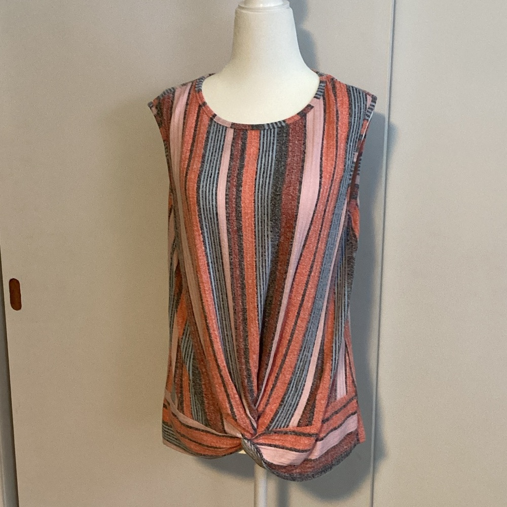 Striped Sleeveless Top - Pink, gray, blue, orange and black, Heathered.